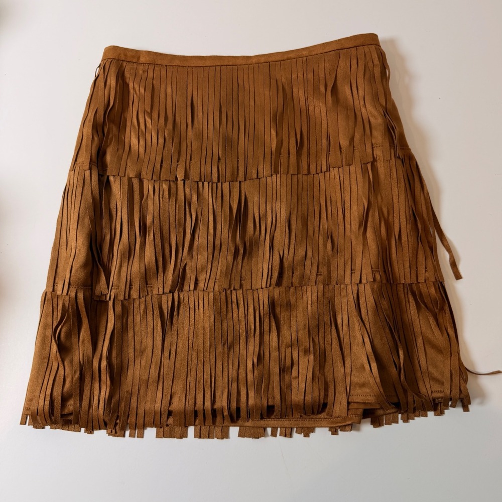 Cognac Faux Suede  Fringe Mini Skirt Brown Womens 6 NWT